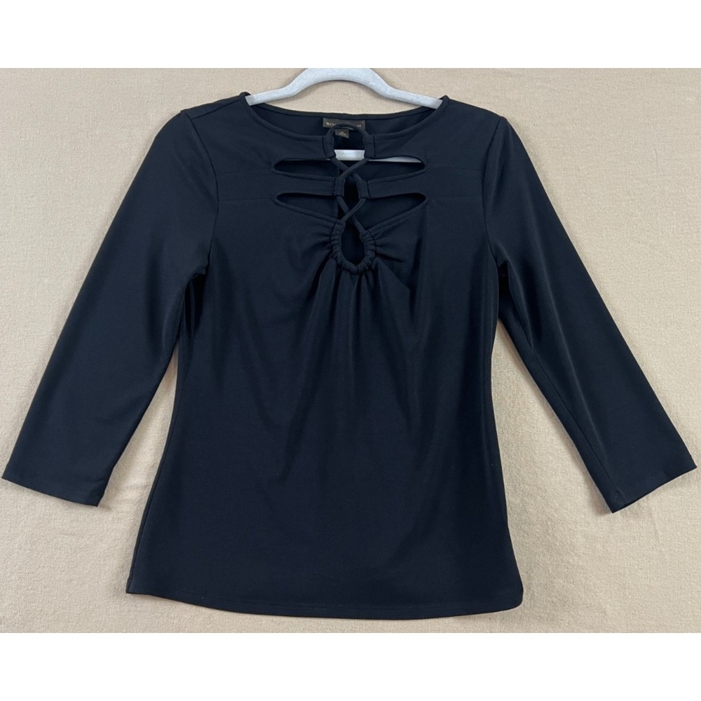 Black Medium Blouse Top Cut Out Front Gathered Grunge Y2K Stretch 3/4 sleeve